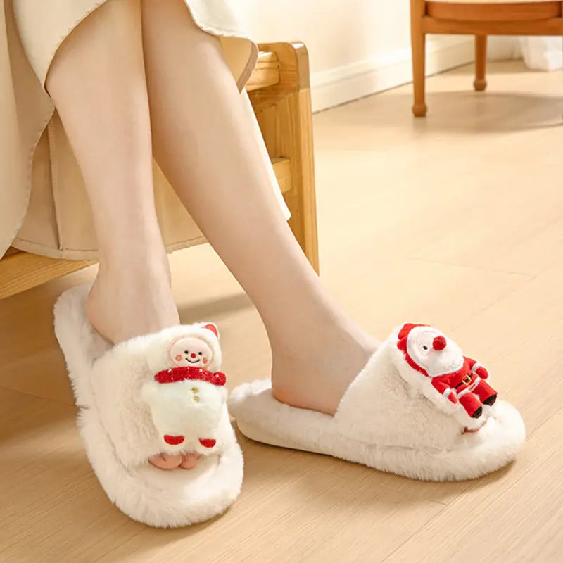 Christmas Shoes Ins Santa Claus Open-toe Cotton Slippers Winter Home Indoor Floor Plush Warm Furry Slippers Women