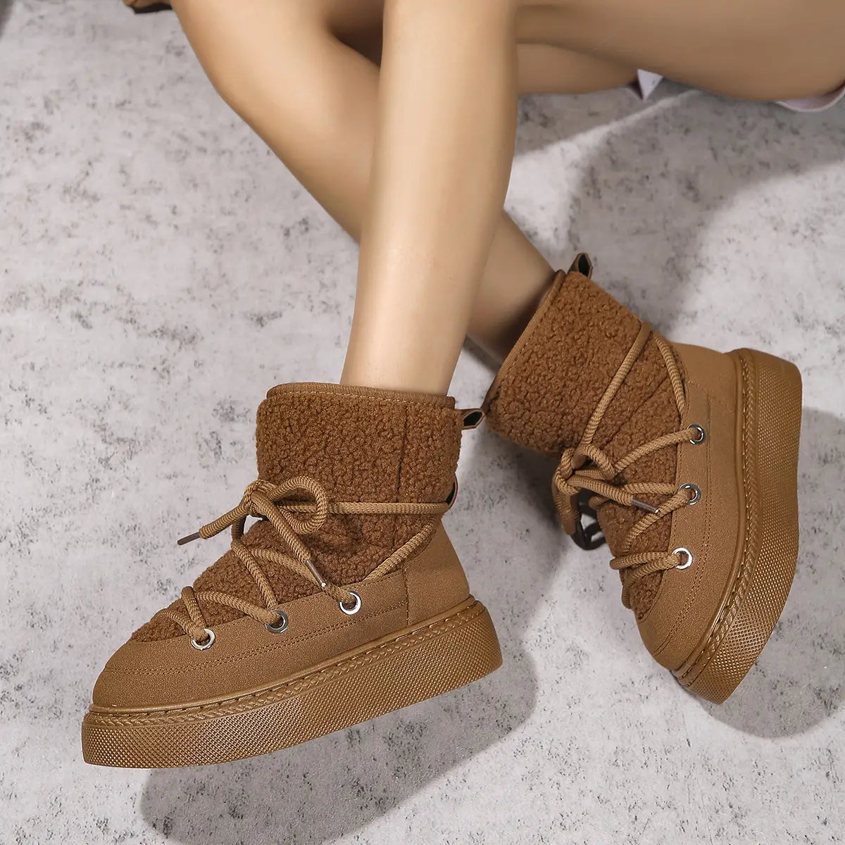 Fashion Lace-up Snow Boots Winter Flat Thick-soled Height-enhancing Cotton Shoes For Women Casual Warm Short Boot
