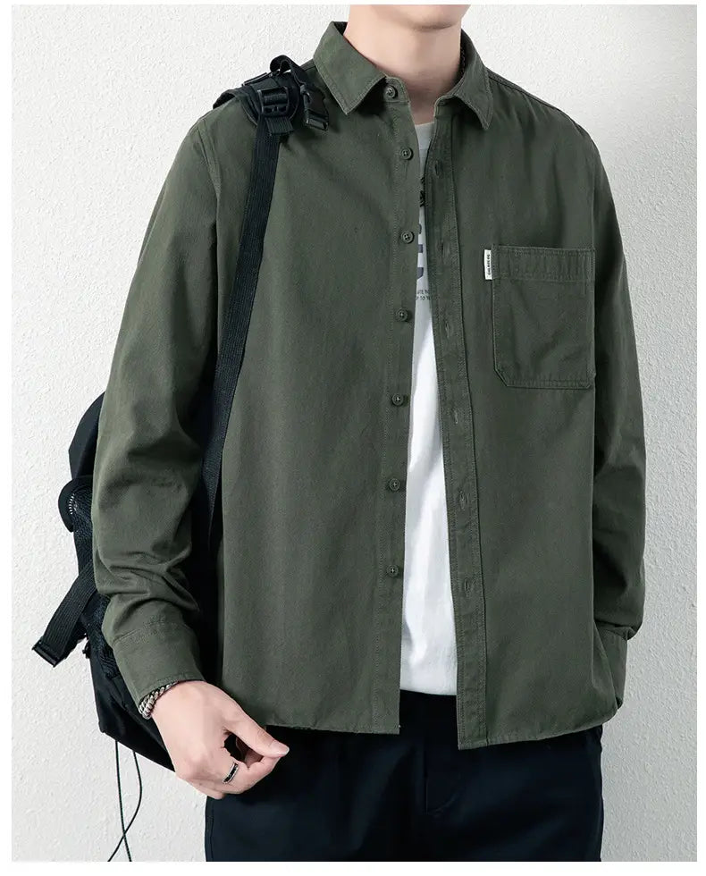 Solid Color Lapel Long Sleeve Shirt With Pockets Loose Casual Jacket Shirt Men’s Tops Clothing