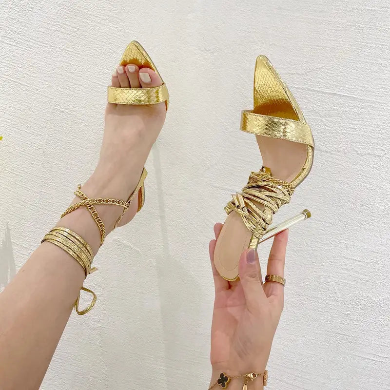 Women’s Summer Metal Chain Strap Pointy High Heels