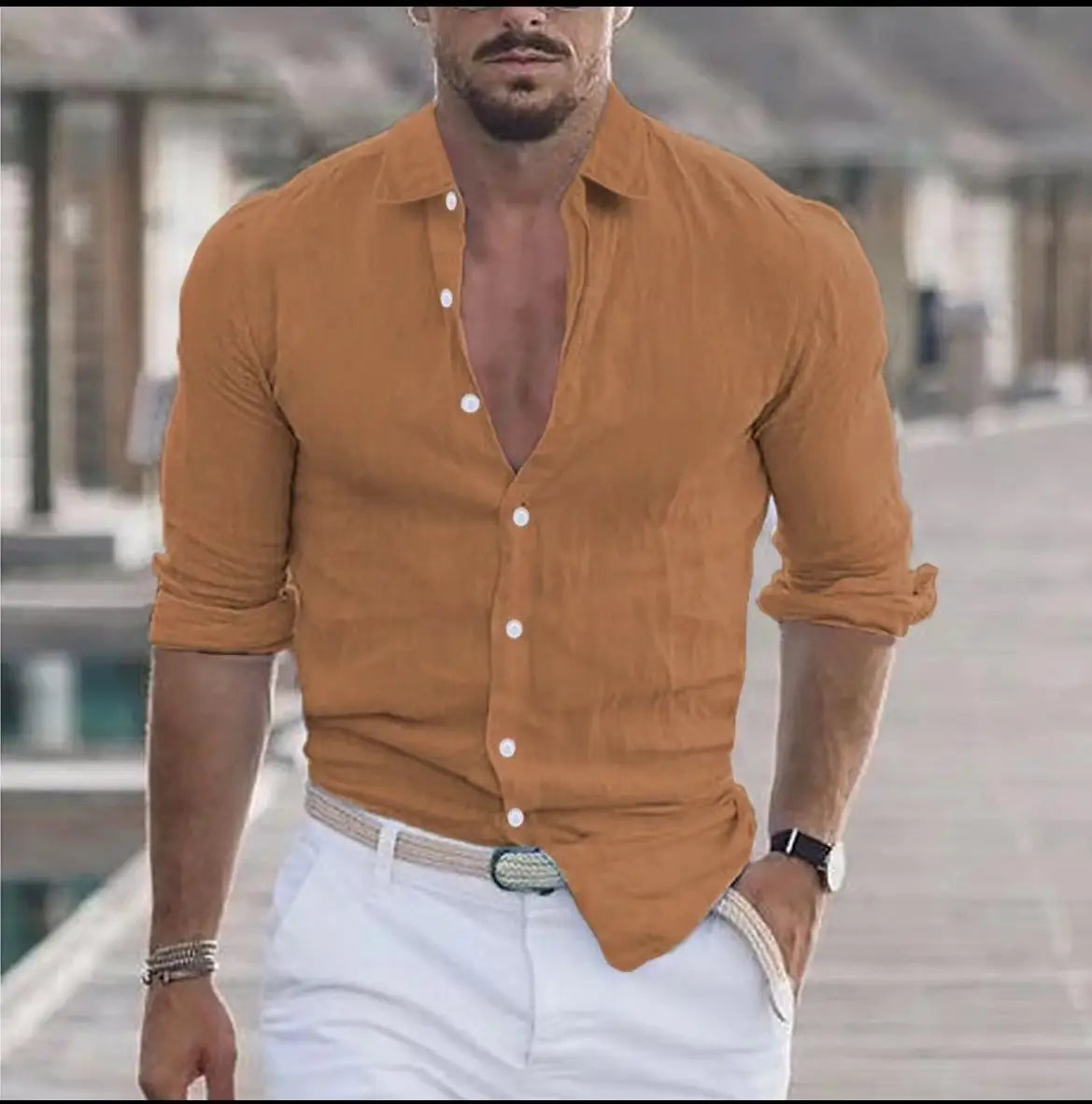 Men’s Linen Shirt Button Shirt Beach Shirt Solid Color