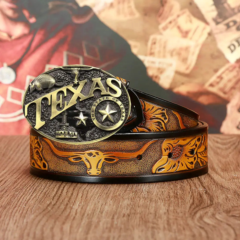 Texas-themed leather belt featuring a cow head design for men and women.