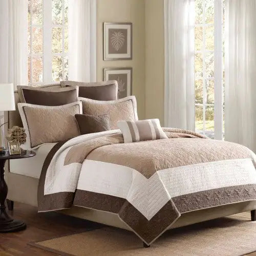 7 Piece Quilt Set With Euro Shams And Throw Pillows Beige King Cal King - 5