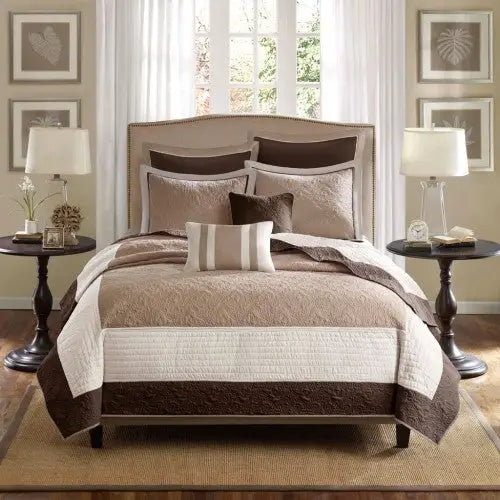 7 Piece Quilt Set With Euro Shams And Throw Pillows Beige King Cal King - 5
