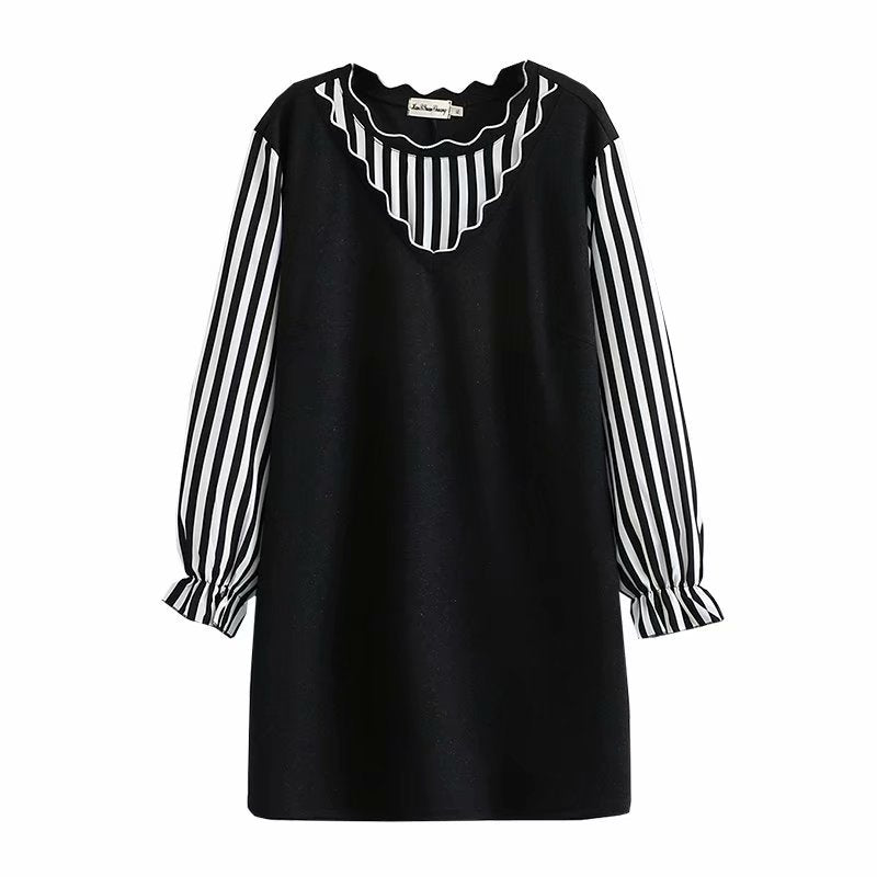 Large Size Thin Spring Women's Color Matching Fake Two-Piece Long-Sleeved Dress