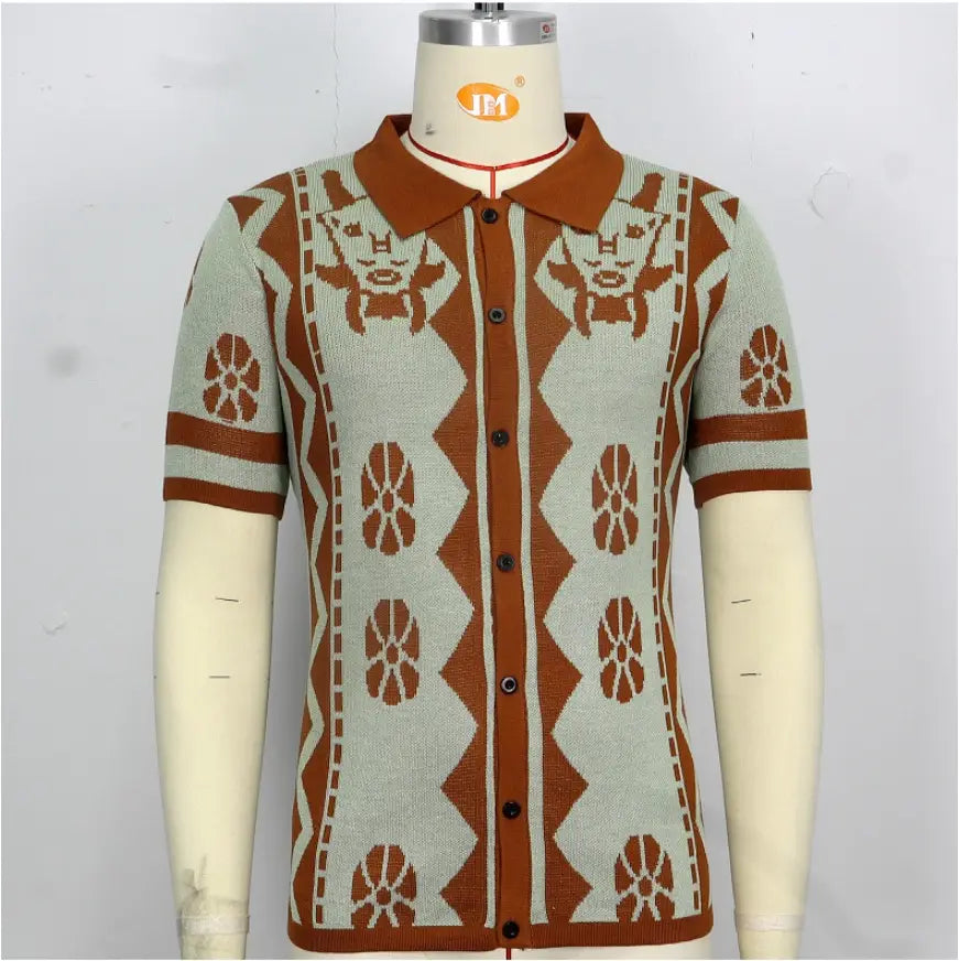 Jacquard Men’s Knitted Shirt Lapel Cardigan Short Sleeve Polo Shirt