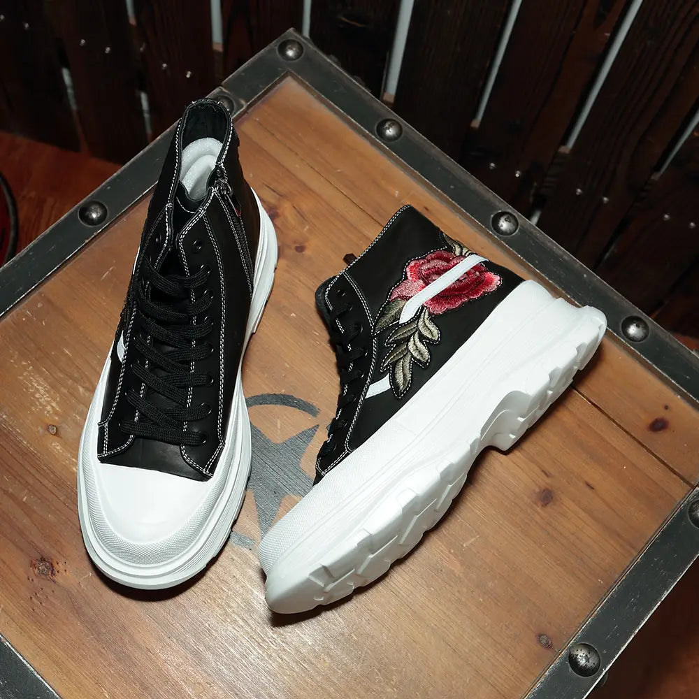 Personalized Embroidered High-top Shoes Men’s Leather Zipper Lace High-top Sneakers