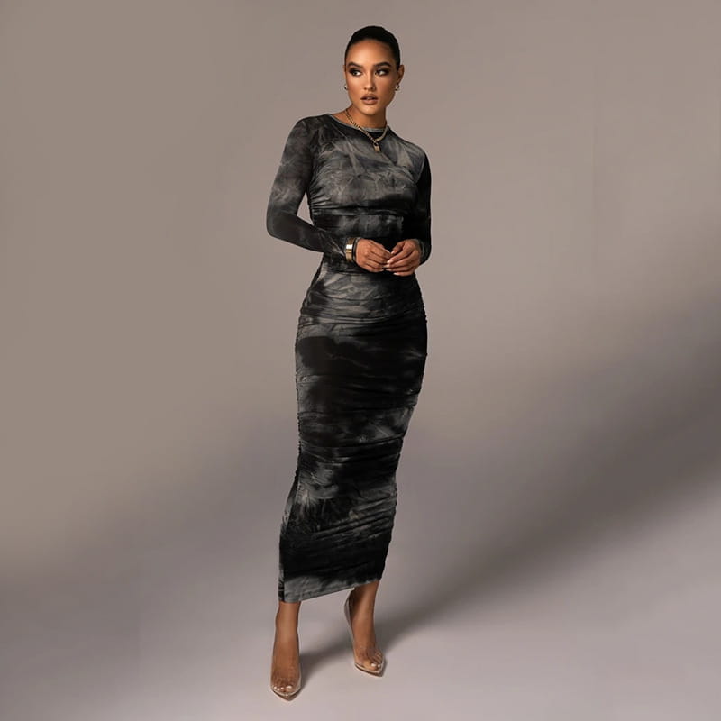 Printed Round Neck Dress Slim Slimming Hip Skirt Women