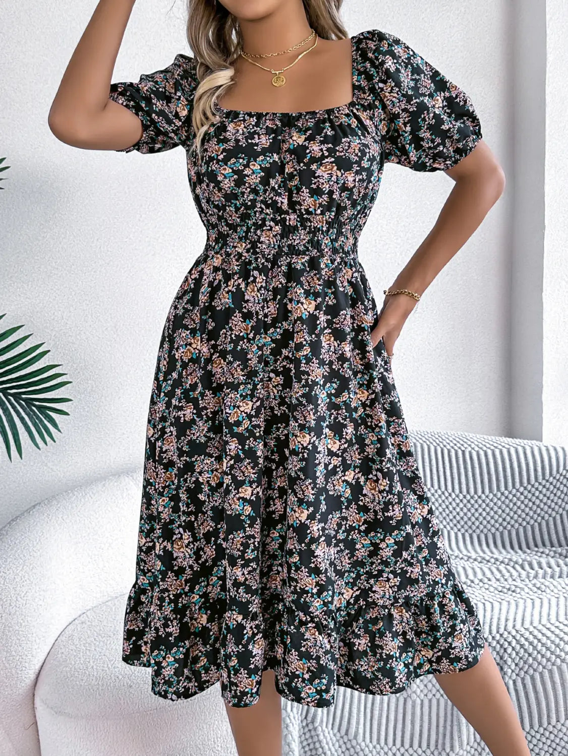 Floral Print Square Collar Dress Summer Fashion Ruffles Dresses Women’s Clothing