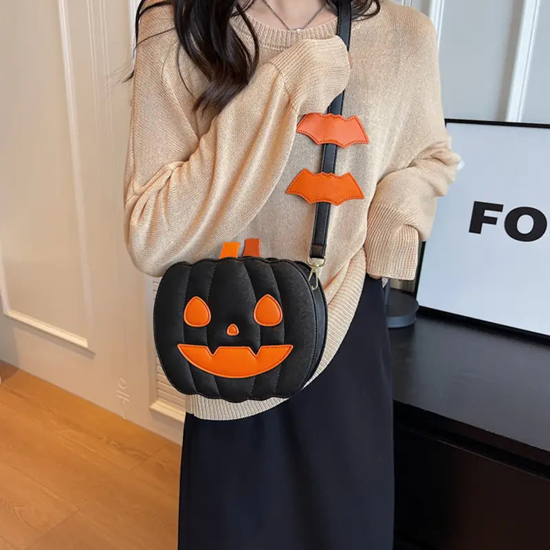 Halloween Bags Funny Pumpkin Cartoon Shoulder Crossbody Bag With Bat Personalized Creative Female Bag