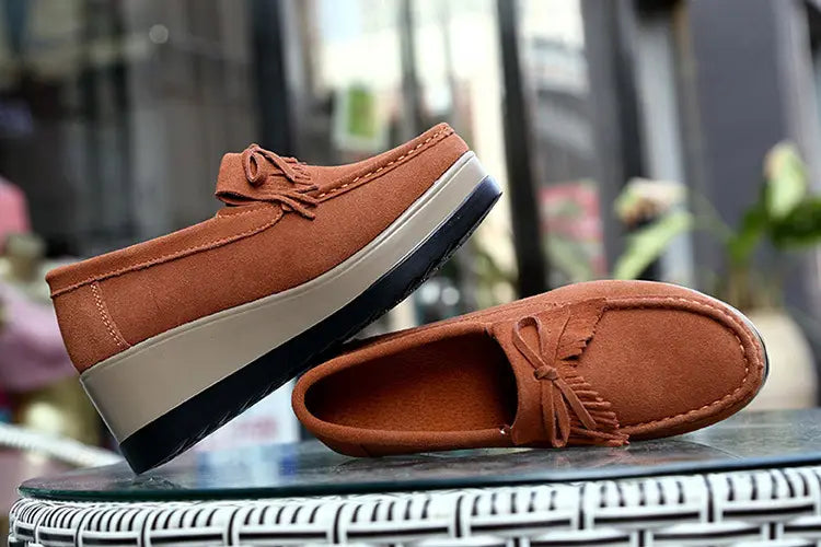 New Tassel Bow Design Shoes For Woman Fashion Thick Bottom Wedges Shoes Casual Slip On Solid Color Flats