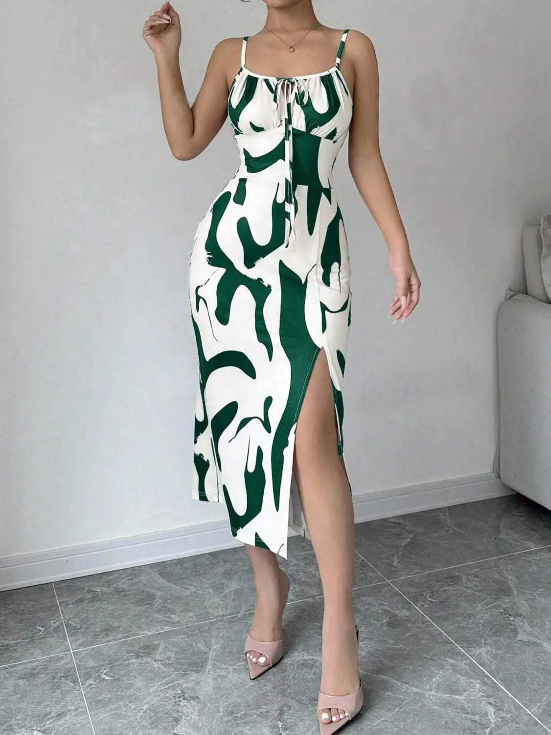 Summer Printed Suspender Split Dress Fashion Slim Lace-up Long Dresses For Women Clothing