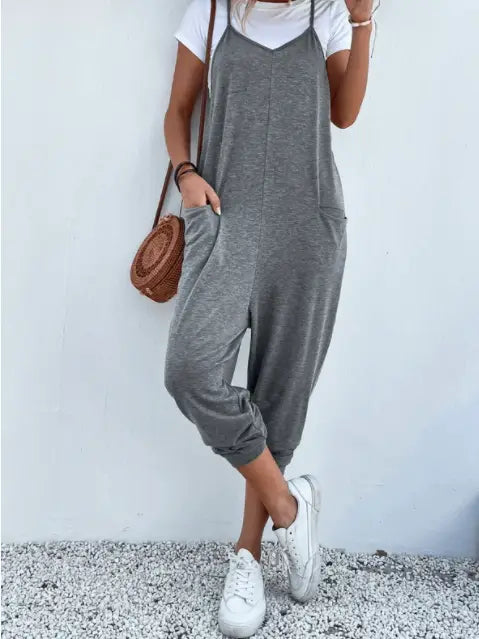 Women’s Solid Color Zipper Patch Pocket Sling Jumpsuit For Women
