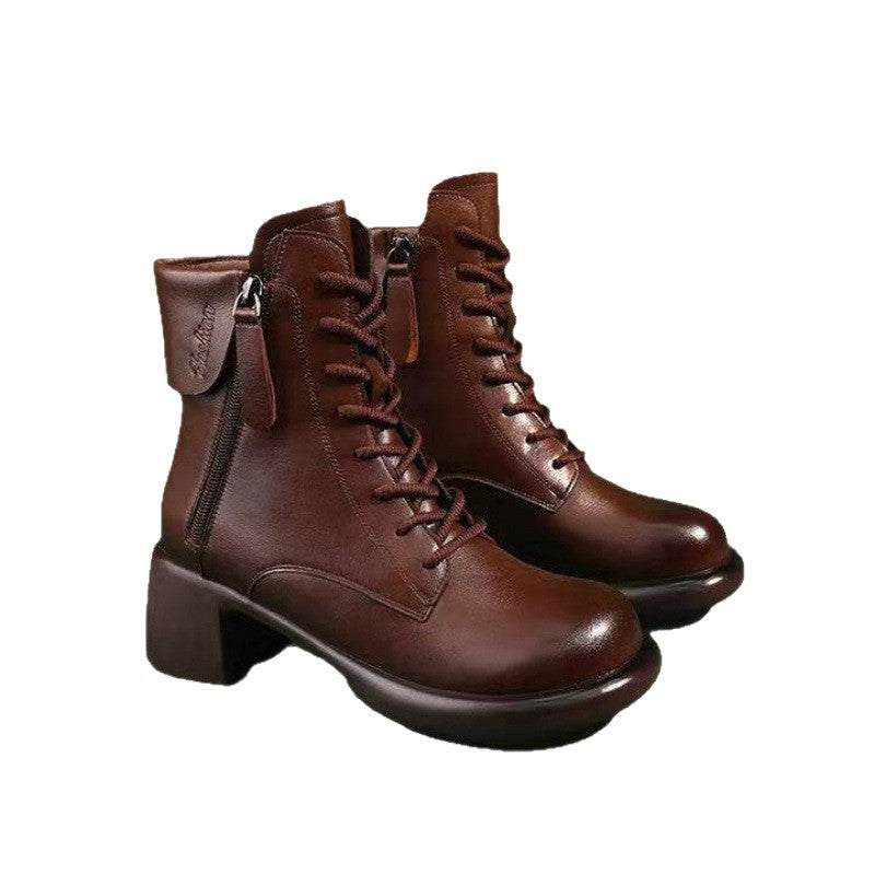 Womens Autumn Chunky-Soled Fashionable All-Match Vintage Leather Boots