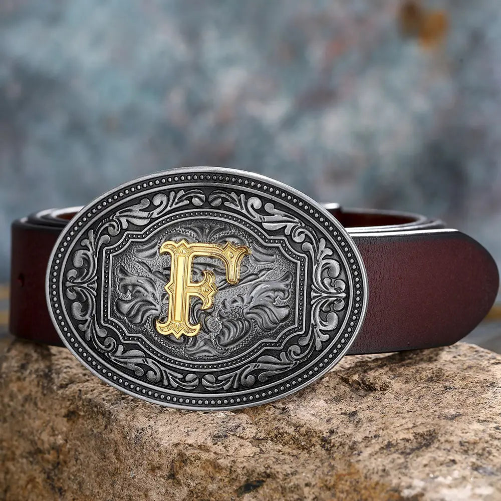 Western-style belt buckle featuring a gold F showcased in Floral Letter Buckle Belts.