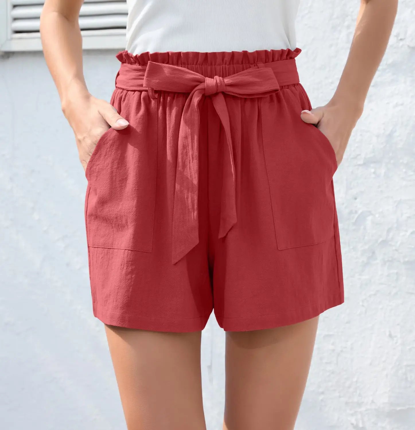 Fashion Ruffle Bow Waist Tie Shorts Summer Beach Pants With Pockets Womens Clothing