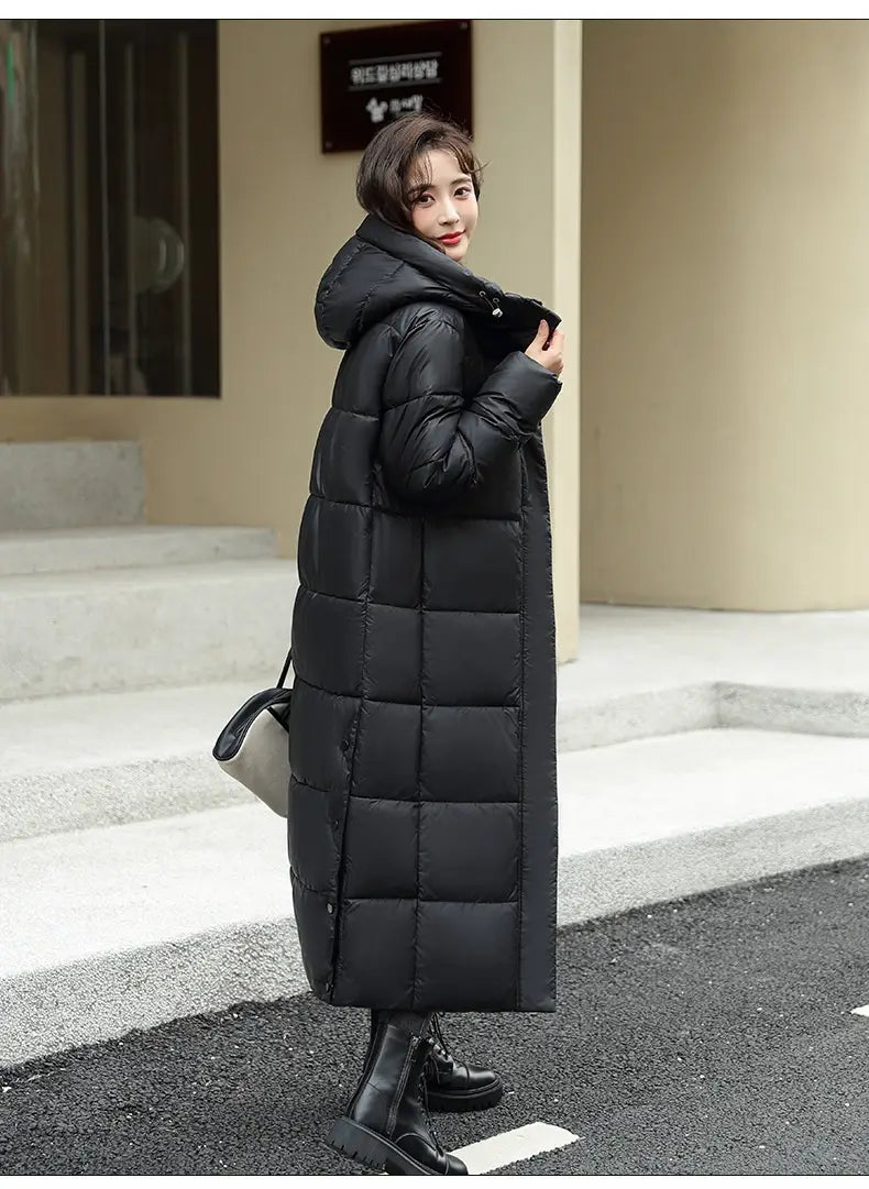 Women’s Super Long Down Jacket Winter Puffer Thick Coat Black Red Hooded Zipper Keep Warm Fall Winter Casual Clothes