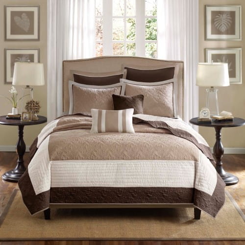 7 Piece Quilt Set With Euro Shams And Throw Pillows Beige King Cal King