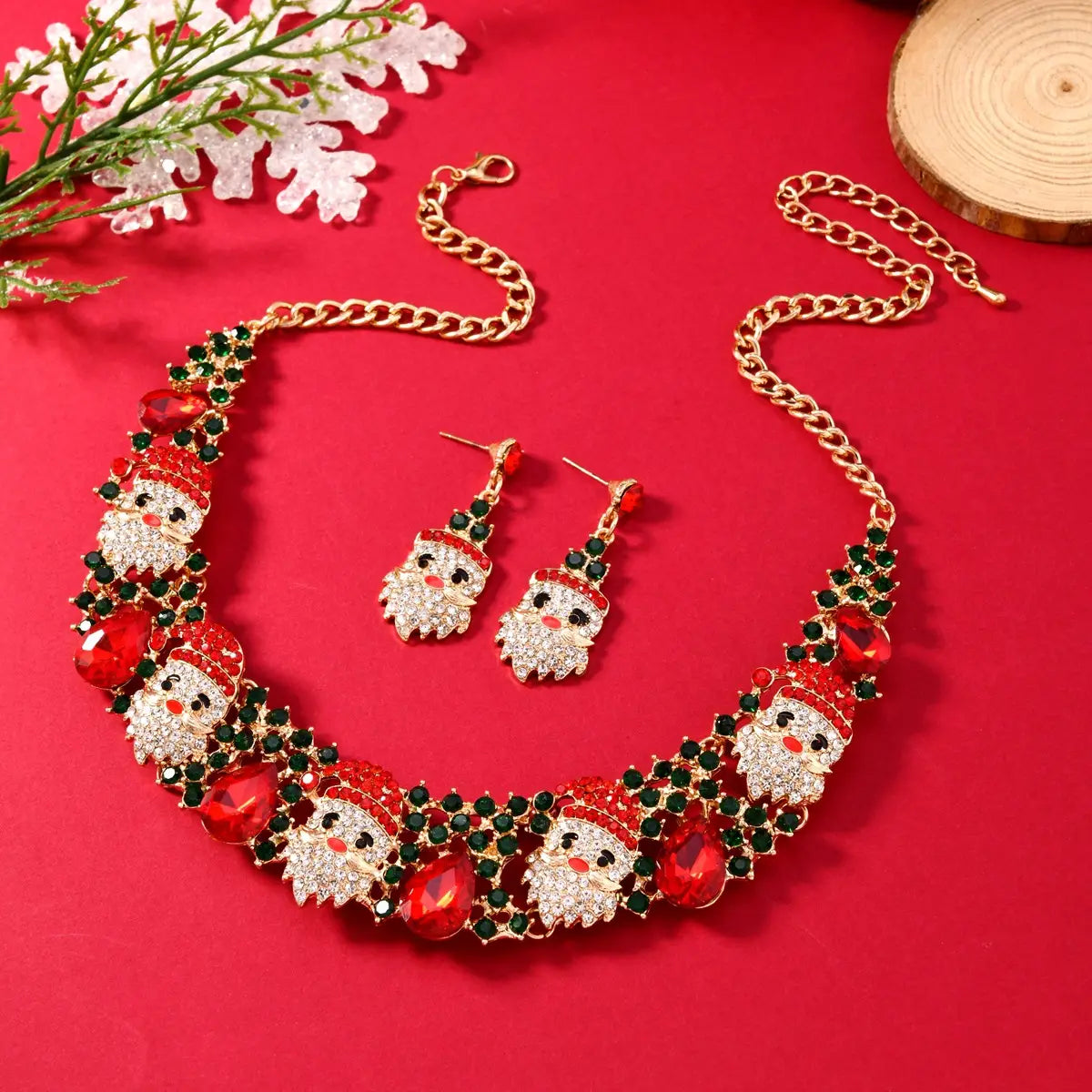 Necklace 3pcs Christmas Earrings Set With Colored Rhinestones Ins Fashionable Shiny Santa Claus Necklace For Womens