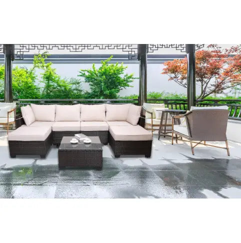 Outdoor Garden Patio Furniture 7Piece PE Rattan Wicker Cushioned Sofa