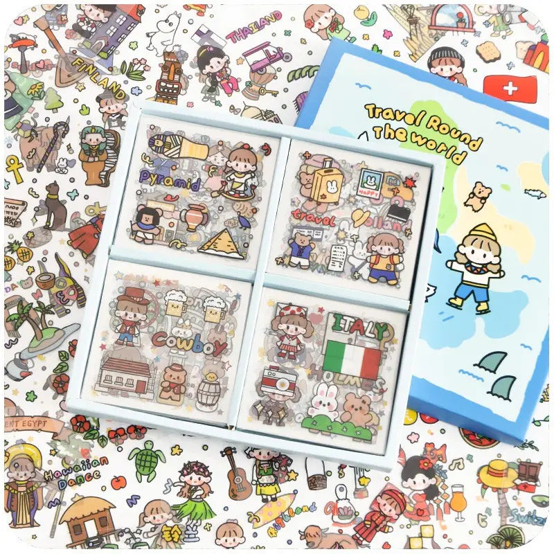 Travel-themed sticker set showcasing the Waterproof Transparent 100 Sheets Sticker Set.