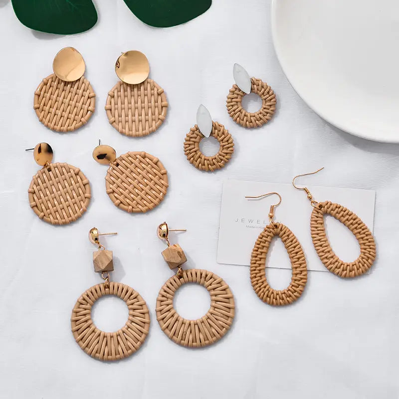 Woven rattan earrings showcased in Women Earrings Korean Vintage Earring collection