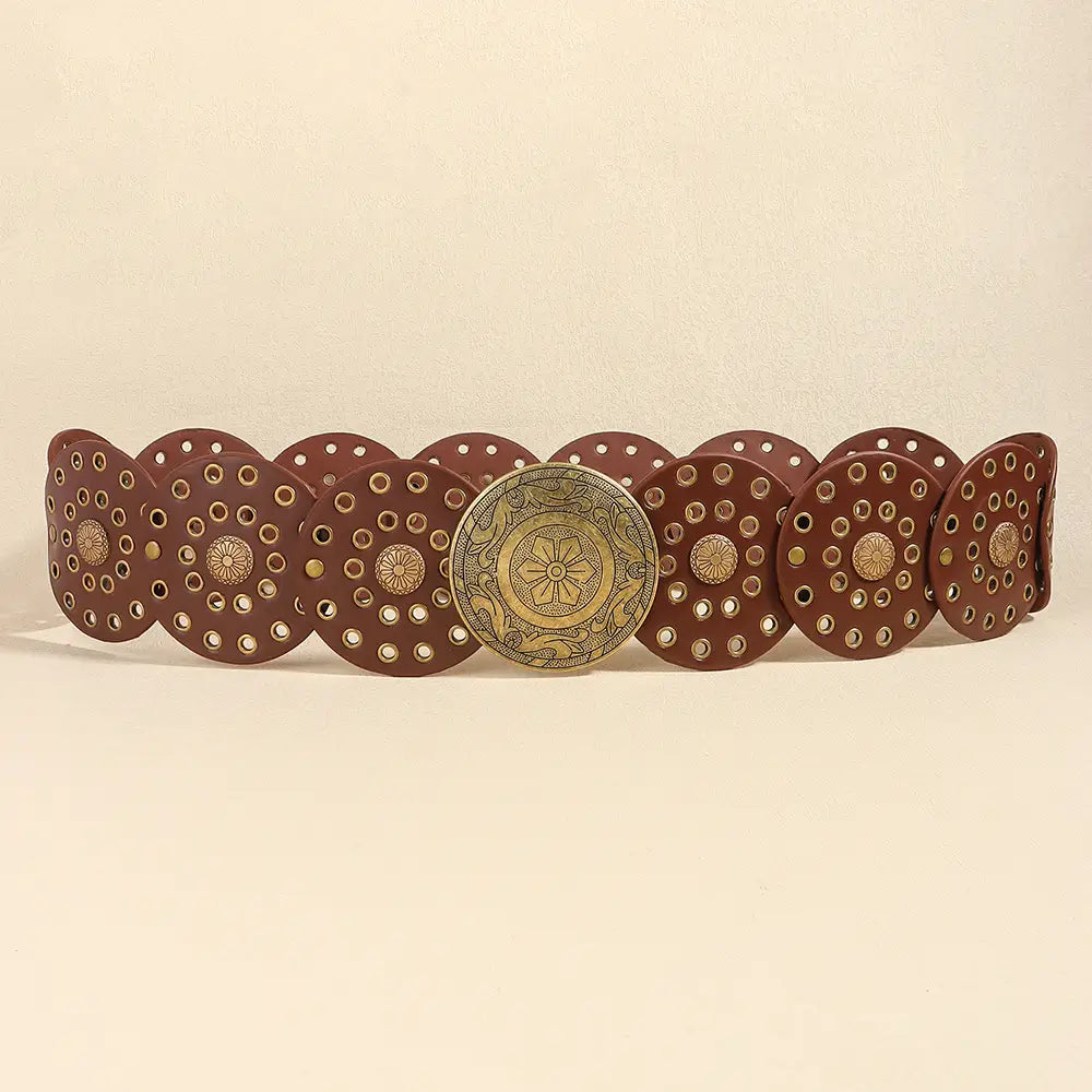 Brown leather belt with metal circles for Retro Personality Hip Hop Punk fashion.