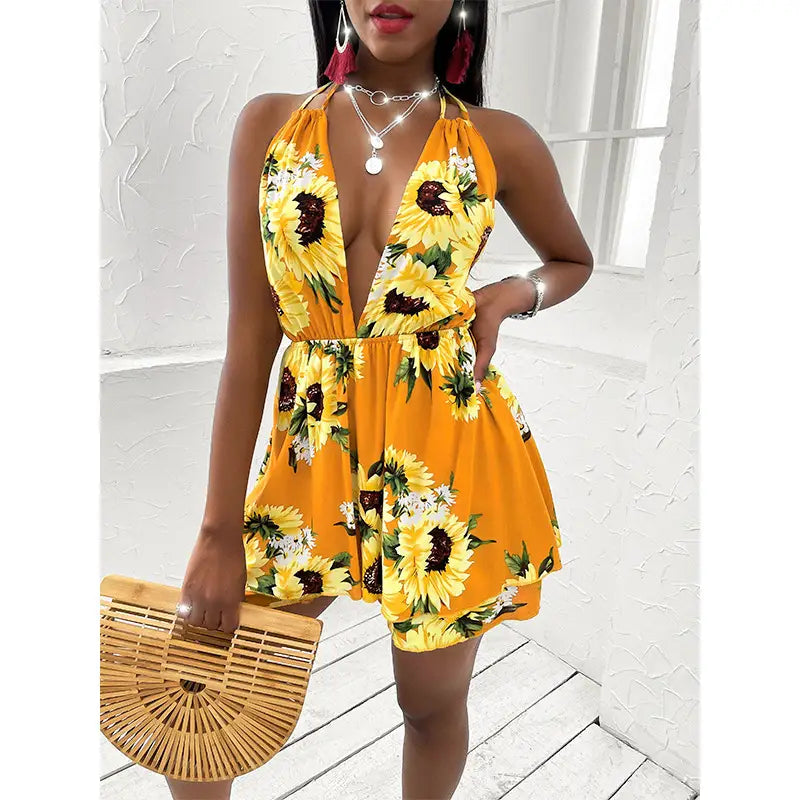 Sunflower V-neck Backless Casual Dress For Women