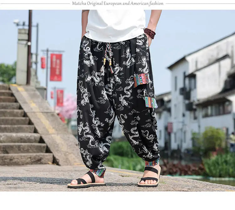 Men’s Plus Size Dragon Pattern Thin Chinese Trousers