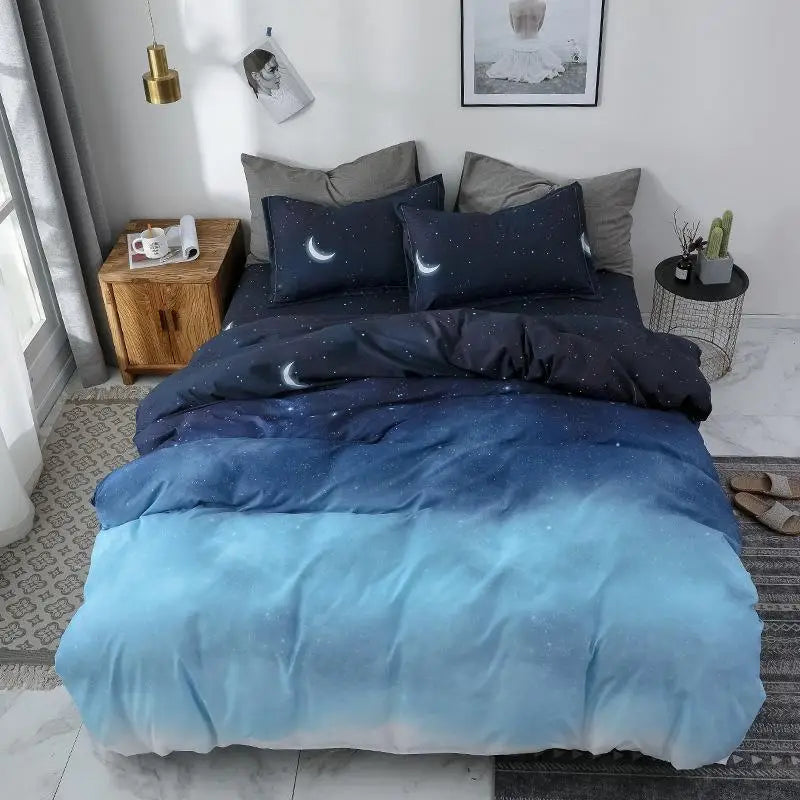 Night sky themed bedding set including quilt and duvet cover in four pieces.