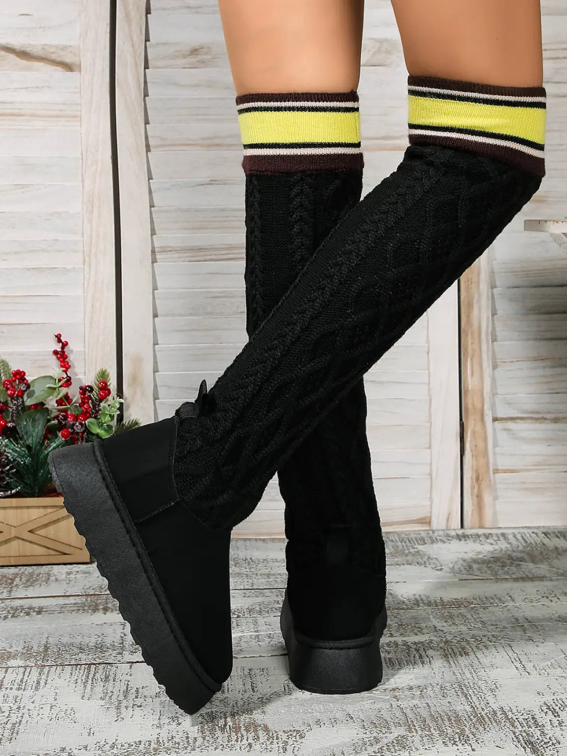 Winter Over-the-knee Boots With Long Knitted Sock Design Fashion Flat Thick-soled Shoes For Women Casual Warm Long Boot