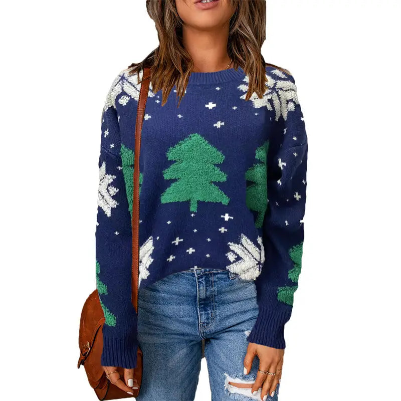 Women’s Casual Round Neck Embroidered Christmas Tree Cartoon Round Neck Sweater Coat