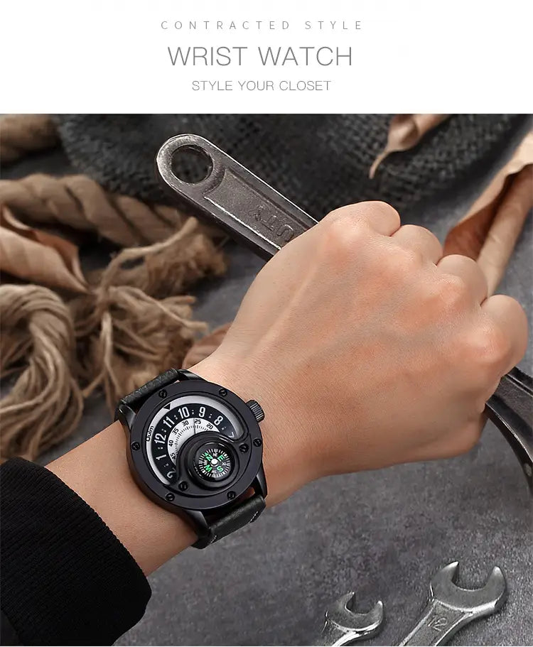 New Sport Watches Men Decorative Compass Unique Design Male Quartz Clock Men’s Leather Strap Casual Wrist Watch