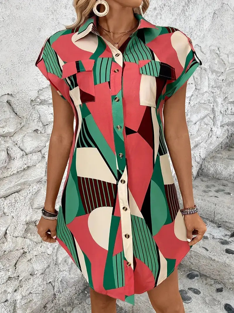 Geometric Printed Shirt Short Dress Women