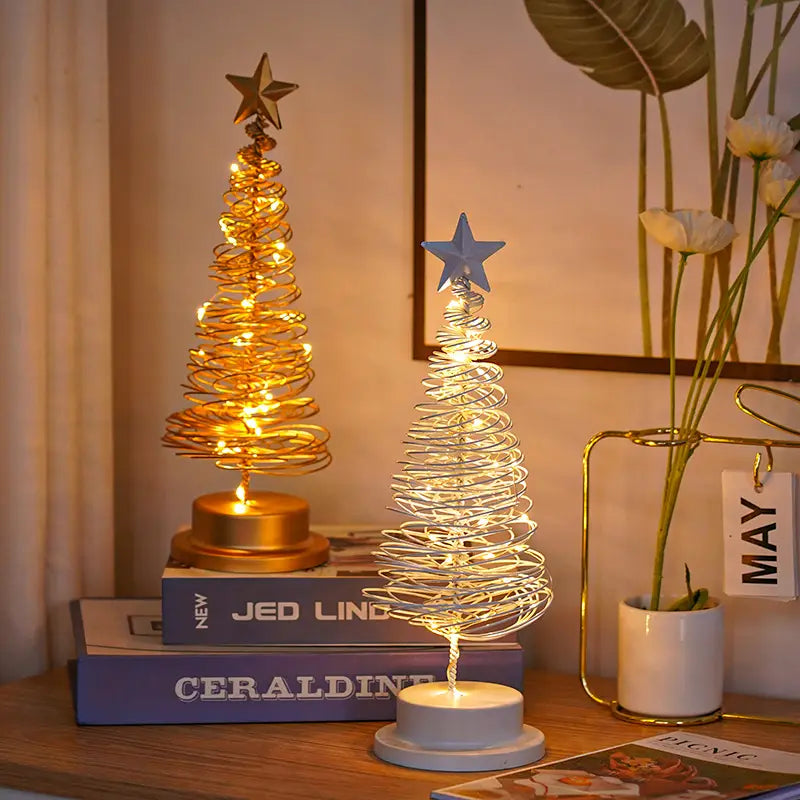 LED Christmas Tree Spiral Light Table Ornament Wrought Iron Xmas Tree Bedroom Desk Lamp Christmas Atmosphere Night