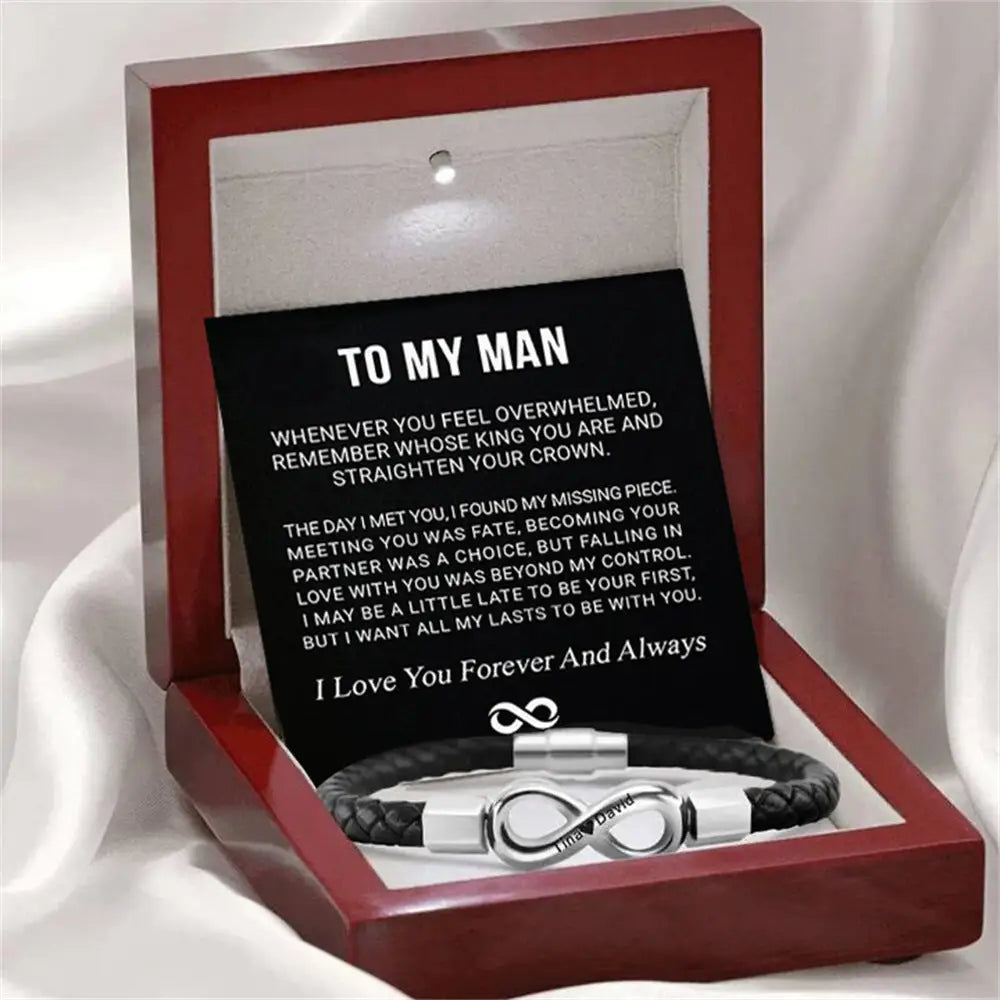 8-word Stainless Steel Black Handmade Leather Men’s Bracelet - Steel Light box