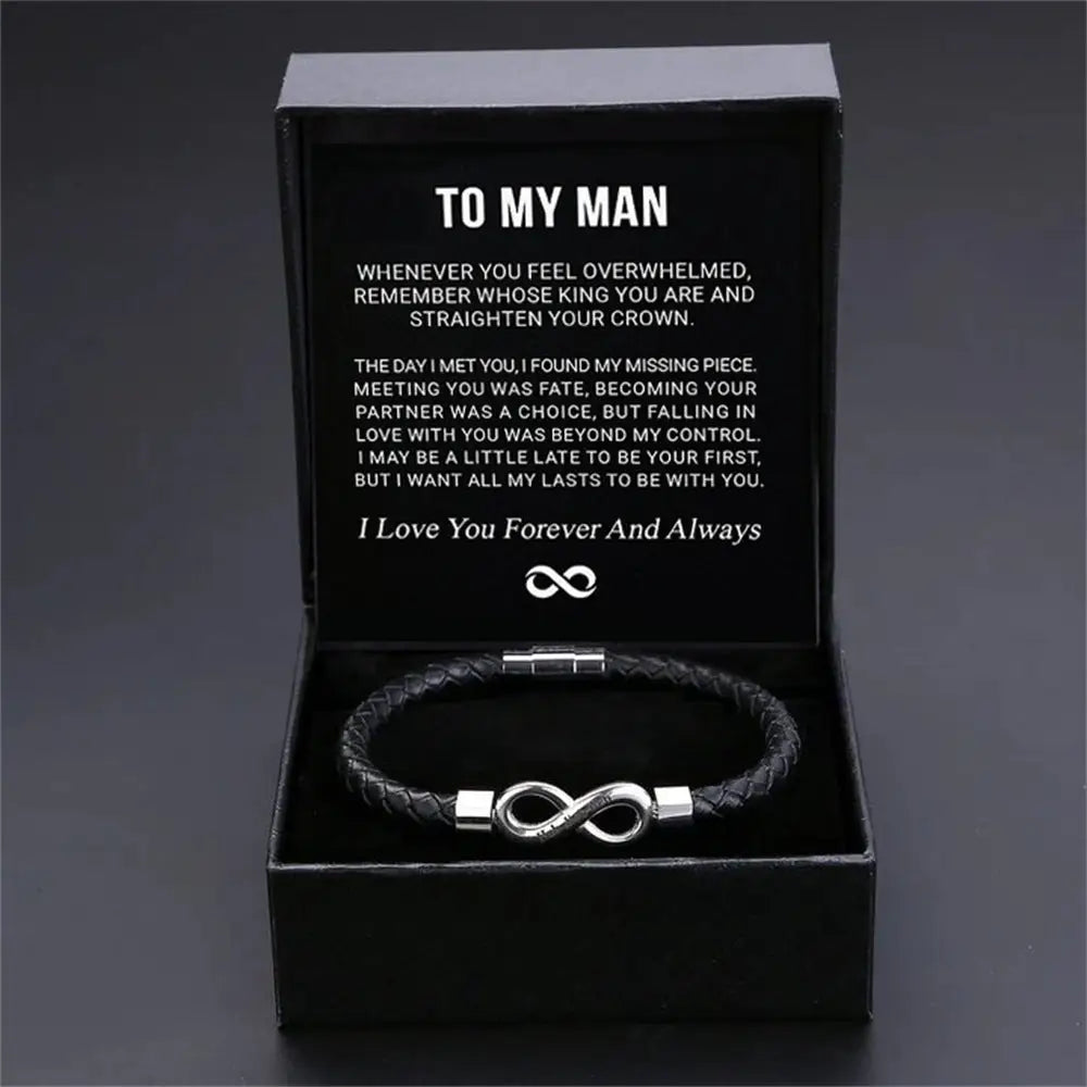 8-word Stainless Steel Black Handmade Leather Men’s Bracelet