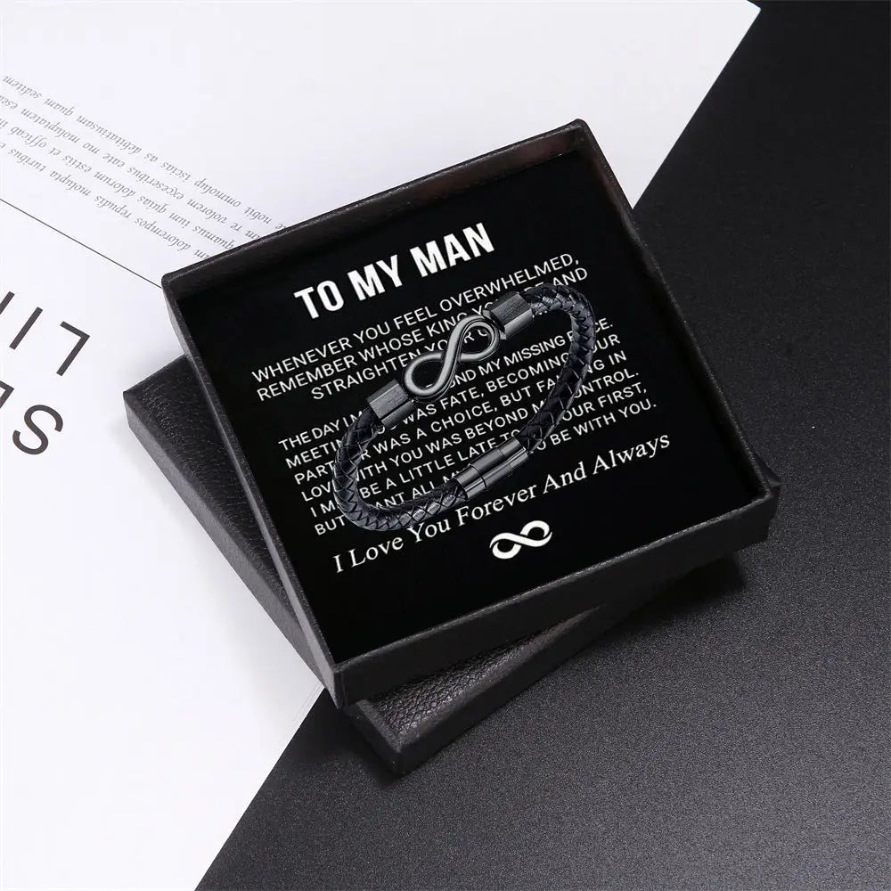 8-word Stainless Steel Black Handmade Leather Men’s Bracelet