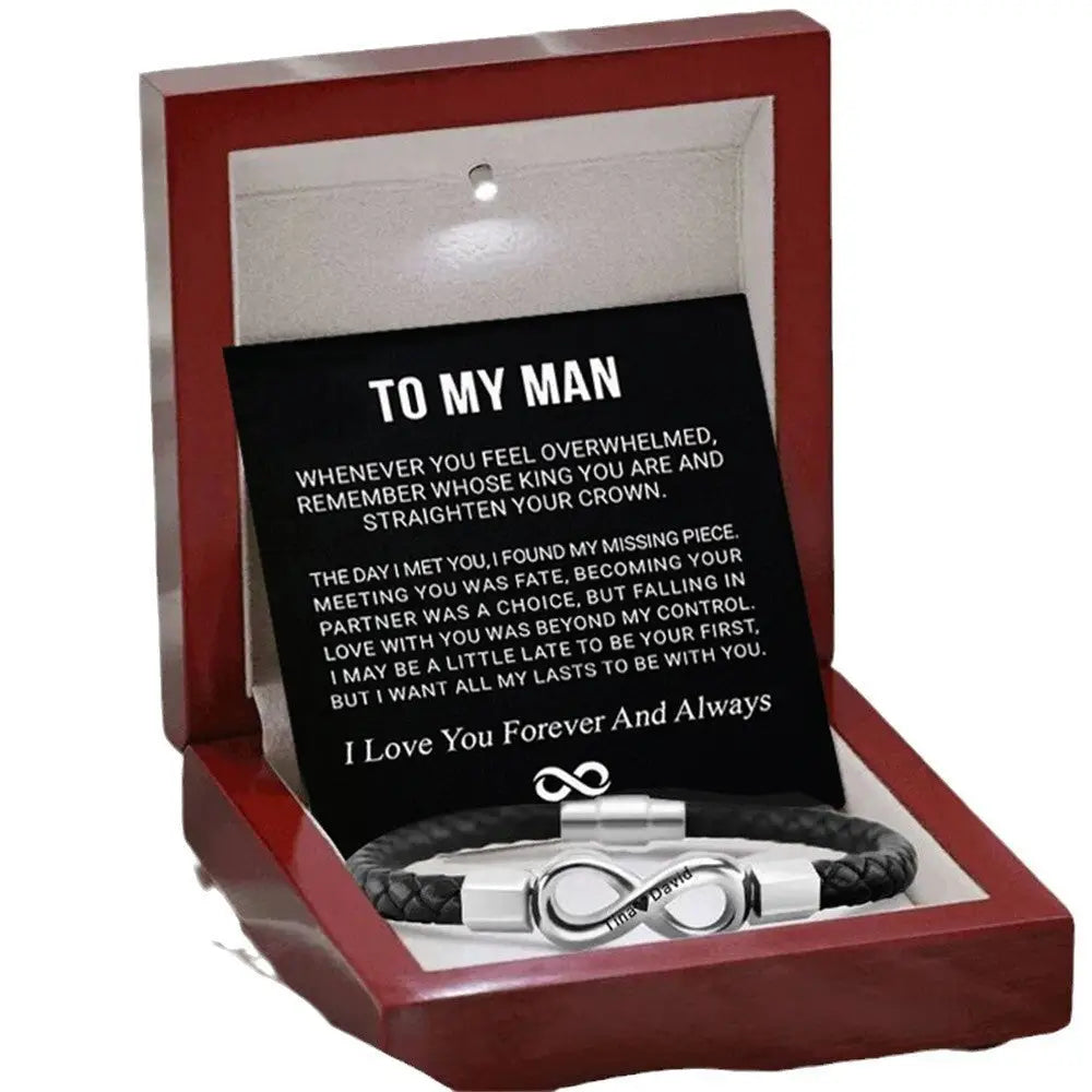 8-word Stainless Steel Black Handmade Leather Men’s Bracelet