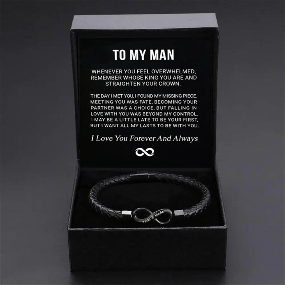 8-word Stainless Steel Black Handmade Leather Men’s Bracelet