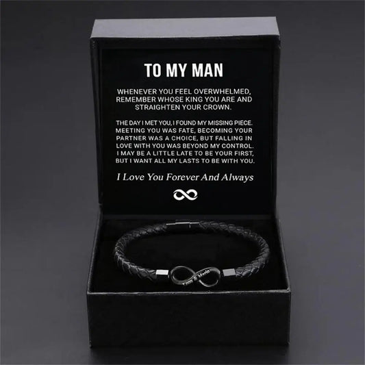 8-word Stainless Steel Black Handmade Leather Men’s Bracelet