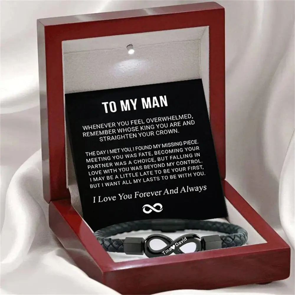 8-word Stainless Steel Black Handmade Leather Men’s Bracelet - Black Light Box