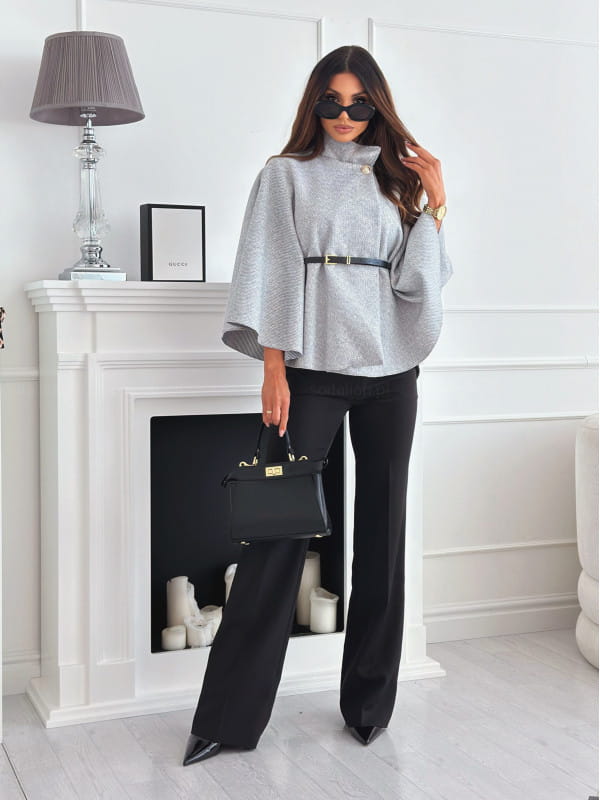 New Stand Collar Batwing Sleeves Cloak Top With Belt Ins Fashion Temperament Jacket Woolen Sweater Outwear For Women