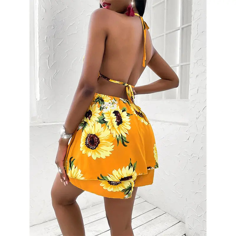 Sunflower V-neck Backless Casual Dress For Women