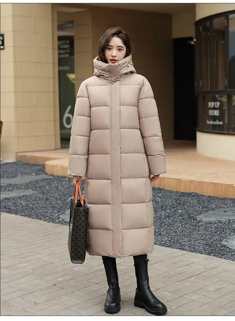 Women’s Super Long Down Jacket Winter Puffer Thick Coat Black Red Hooded Zipper Keep Warm Fall Winter Casual Clothes