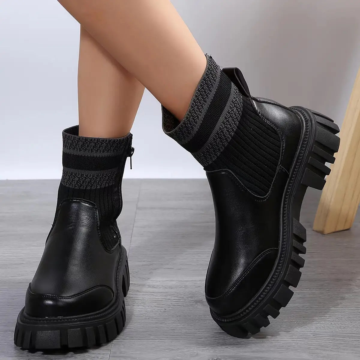Fashion Mid-tube Boots With Zipper Design Non-slip Thick Sole Elastic Knitted Patchwork Boots For Women Round Toe Shoes