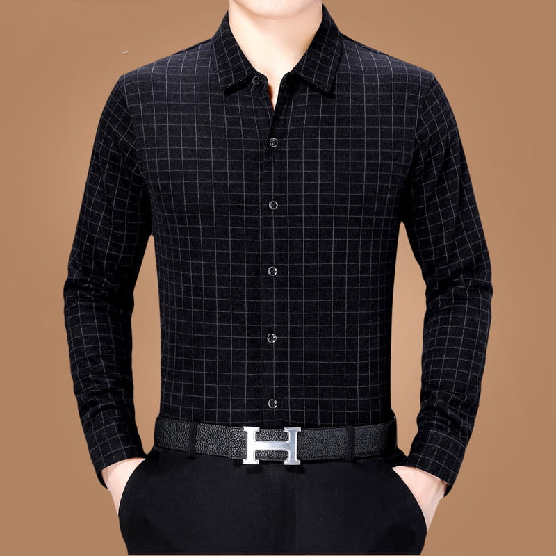 Middle-Aged Spring New Business Casual Plaid Long-Sleeved Shirt For Men