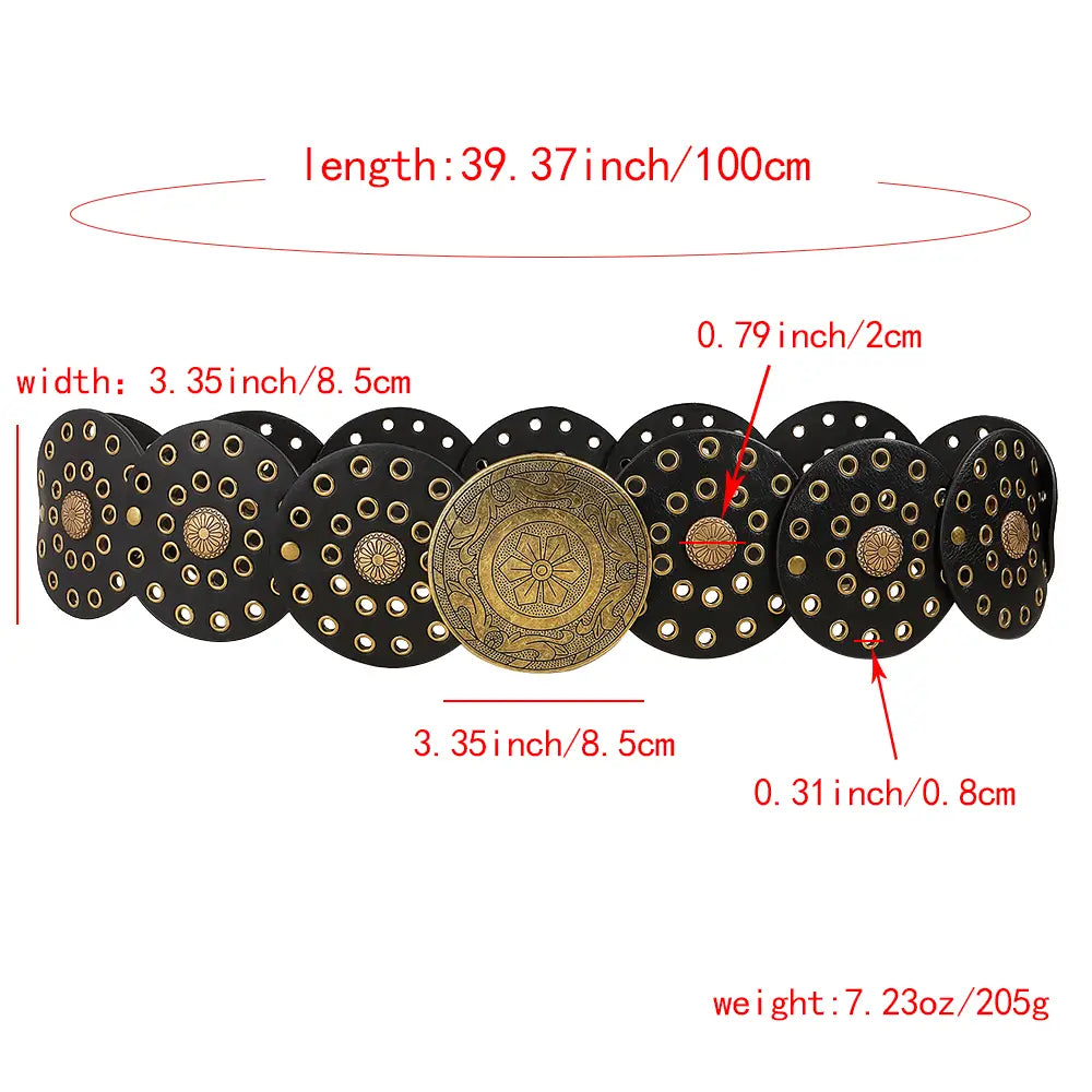 Black and gold decorative belt featuring circular elements for hip hop punk fashion.