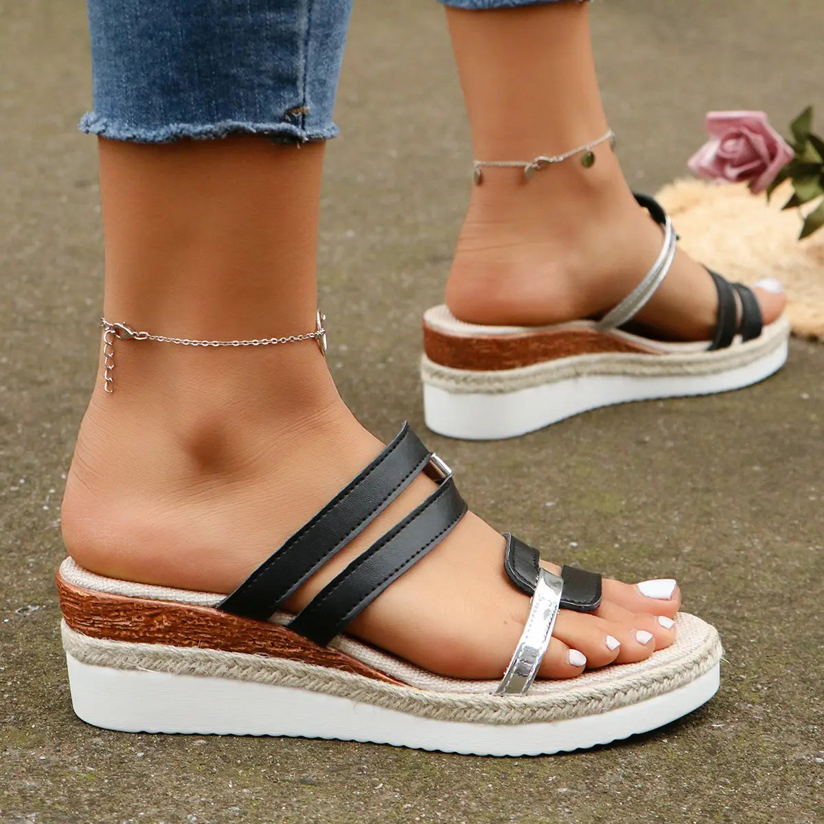 Colorblock-strap Wedges Sandals Summer Fashion Hemp Heel Slides Slippers Outdoor Thick Bottom Fish Mouth Shoes For Women