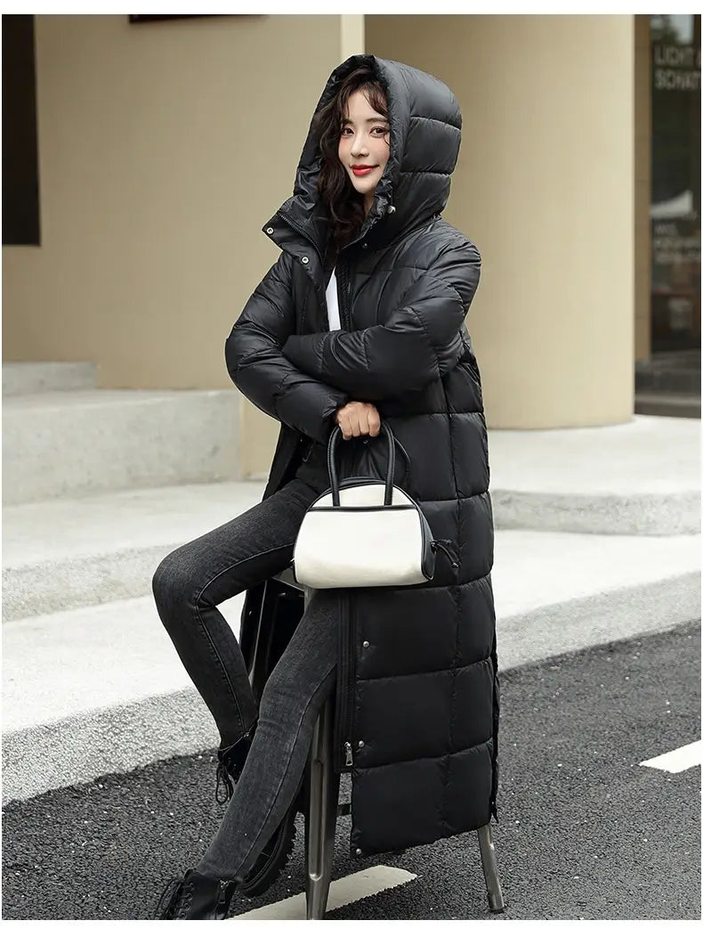 Women’s Super Long Down Jacket Winter Puffer Thick Coat Black Red Hooded Zipper Keep Warm Fall Winter Casual Clothes